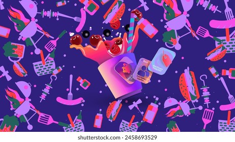 A fruit cocktail is spattered out of a cup and a pattern of fast food icons. Vector banner