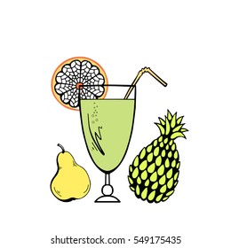 Fruit cocktail vector. Fresh drink. Pineapple, orange and pear smoothie. Vegan.