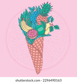 Fruit cocktail in a waffle cup. Set of tropical fruits on a background of green leaves. Bouquet of fruits like an ice cream.