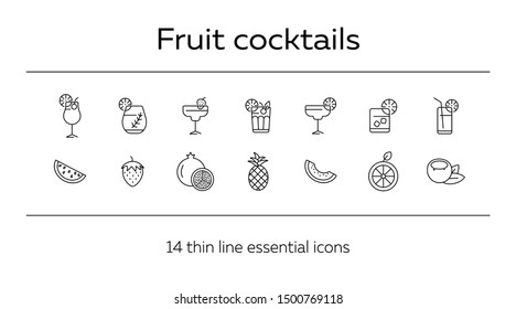 Fruit cocktails icons. Set of line icons. Coconut, pineapple. Beverage concept. Vector illustration can be used for topics like advertising, business