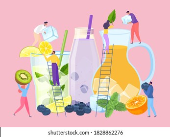 Fruit Cold Drink In Glass Concept, Vector Illustration. Juice Summer Party With Flat People Character, Tropical Fresh Beverage. Tiny Man Woman Make Huge Cocktail For Cartoon Event.