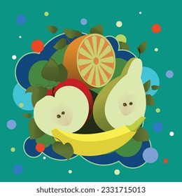 Fruit collage. Color vector image. Drawn in the Adobe Illustrator program. The image is intended for printing.