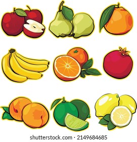 Fruit collection - apple, pear, tangerine, banana, orange, pomegranate, peach, lime, lemon