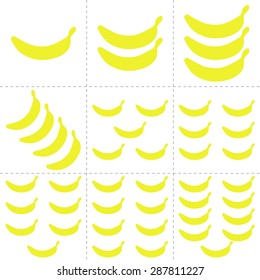 Fruit collection for children design. Flash cards for counting learning from 1 to 9. Yellow bananas. Vector Illustration EPS10.