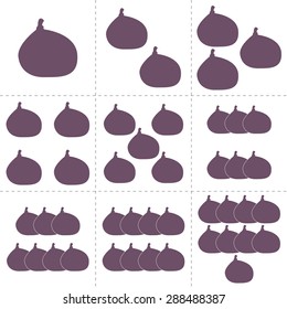 Fruit collection for children design. Flash cards for counting learning from 1 to 9. Fig fruits. Vector Illustration EPS10.