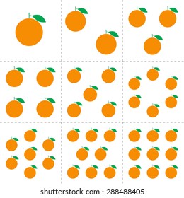 Fruit collection for children design. Flash cards for counting learning from 1 to 9. Oranges. Vector Illustration EPS10.