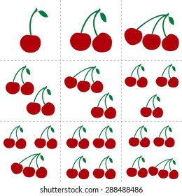 Fruit collection for children design. Flash cards for counting learning from 1 to 9. Red and green cherries. Vector Illustration EPS10.
