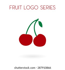 Fruit collection for children design. Flat style cherry on a branch with a leaf logo design. Vector Illustration EPS10.