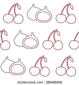 Fruit collection for children design. Linear / Line style cherries and figs in red color. Vector Illustration EPS10.