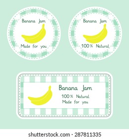 Fruit collection for design. Labels for homemade 100% natural banana jam in green and yellow color. Vector Illustration EPS10.