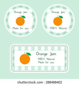 Fruit collection for design. Labels for homemade 100% natural orange jam in green and yellow color. Vector Illustration EPS10.