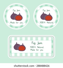 Fruit collection for design. Labels for homemade 100% natural. Fig jam in green and violet color. Vector Illustration EPS10.