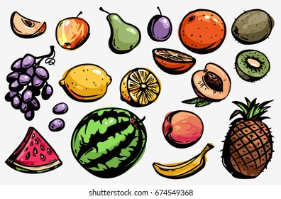 Fruit collection. Doodle vector set. Apple, watermelon, lemon, orange, grapes, pear, pineapple, plum, kiwi, peach, banana