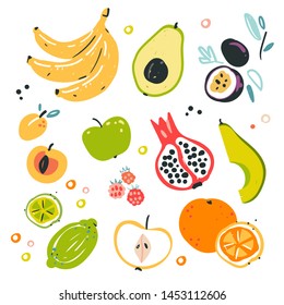 Fruit collection in flat hand drawn style, illustrations set. Tropical fruit and graphic design elements. Ingredients color cliparts. Sketch style smoothie or juice ingredients. Isolated scandinavian 