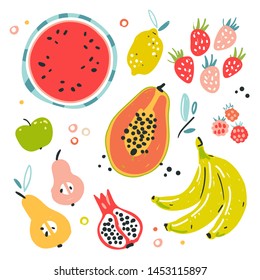 Obstkollektion in flach handgezeichnet Illustrationen. Tropische Früchte und grafische Gestaltungselemente. Farbklebekunst mit Inhaltsstoffen. Zutaten im Skizzenstil. Einzelne skandinavische Cartoons