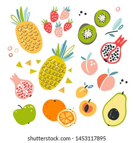 
Fruit collection in flat hand drawn style illustrations. Tropical fruit and graphic design elements. Ingredients color cliparts. Sketch style  ingredients. Isolated scandinavian cartoon items.