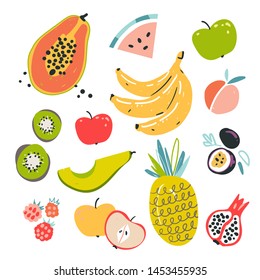 
Fruit collection in flat hand drawn style illustrations. Tropical fruit and graphic design elements. Ingredients color cliparts. Sketch style  ingredients. Isolated scandinavian cartoon items.