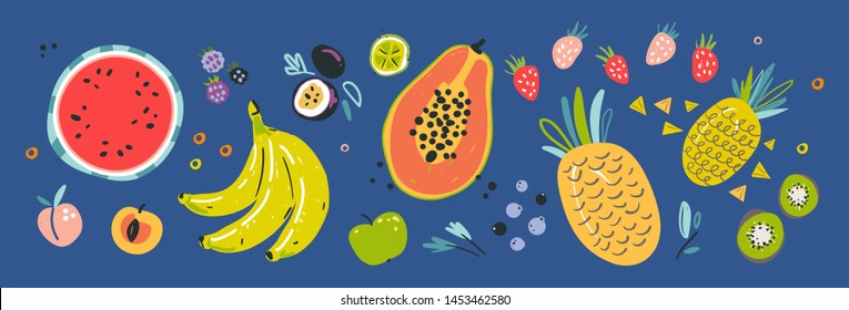 Fruit collection in flat hand drawn style, illustrations set. Tropical fruit and graphic design elements. Ingredients color cliparts. Sketch style  ingredients. Isolated scandinavian cartoon items