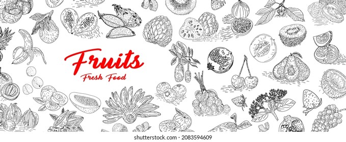 Fruit collection in flat hand drawn style, illustrations set. Design element for poster, menu, flyer, banner, menu, package. Vector.