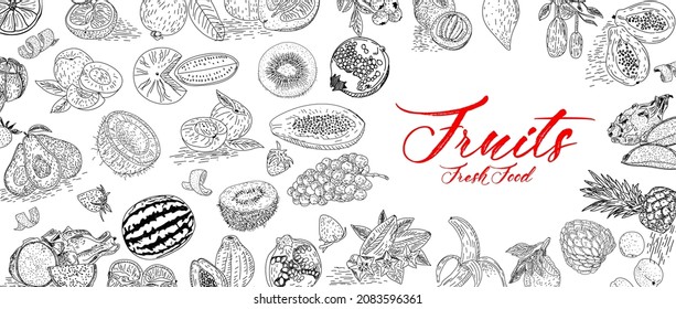 Fruit collection in flat hand drawn style, illustrations set. Design element for poster, menu, flyer, banner, menu, package. Vector.