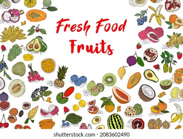 Fruit collection in flat hand drawn style, decorative retro style illustrations set. Tropical fruit and graphic design elements. Sketch style, ingredients color cliparts.