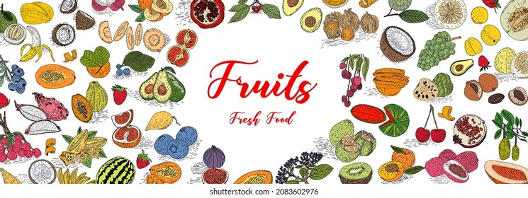Fruit collection in flat hand drawn style, decorative retro style illustrations set. Tropical fruit and graphic design elements. Sketch style, ingredients color cliparts.
