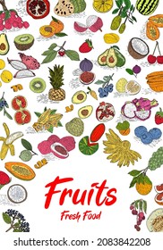 Obstkollektion in flach handgezeichnet Stil, dekorative Retro-Stil Illustrationen Set. Tropische Früchte und grafische Gestaltungselemente. Sketch-Stil, Zutaten Farbe Video-Kunst.