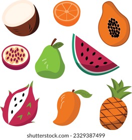 Fruit collection in flat hand drawn style, illustrations set. Tropical fruit and graphic design elements. Ingredients color cliparts. Flat style