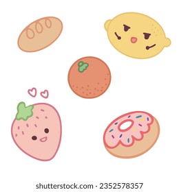 Fruit collection in flat hand drawn style illustrations. Tropical fruit and graphic design elements.cute cartoon sweets and desserts. Hand drawn cute food Vector illustration. 