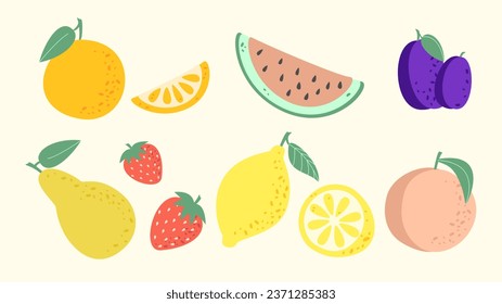 Fruit collection in flat hand drawn style, lemon, orange, peach, strawberry, watermelon, plum, pear illustrations set. Vector graphic