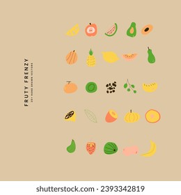 Obstkollektion in flachem, handgezeichnet Stil, Abbildungen Set. Tropische Früchte und grafische Gestaltungselemente. Farbklebekunst mit Inhaltsstoffen. Smoothie oder Saft im Skizzenstil.