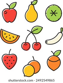 
Fruit collection in flat hand drawn style illustrations. Tropical fruit and graphic design elements. Ingredients color cliparts. Sketch style  ingredients. Isolated scandinavian cartoon items.