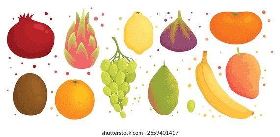 Fruit collection in flat hand drawn style illustrations. Tropical fruit and graphic design elements. Ingredients color cliparts. Sketch style ingredients. Isolated scandinavian cartoon items.