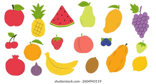 Fruit collection in flat hand drawn style. Vector fruits icon set isolated on white background
