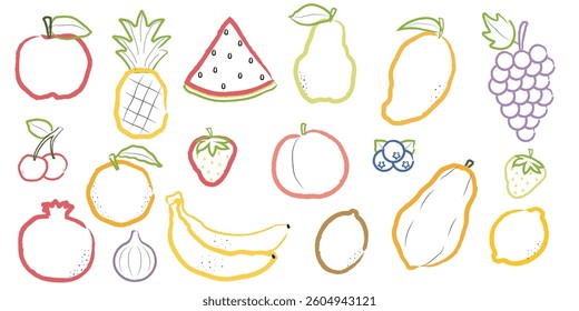 Fruit collection in flat hand drawn style. Vector fruits icon set isolated on white background