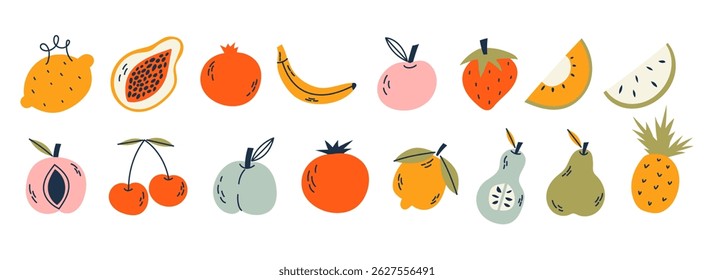 Fruit collection in flat hand drawn style, illustrations set. Tropical fruit and graphic design elements. Ingredients color cliparts. Sketch style smoothie or juice ingredients.