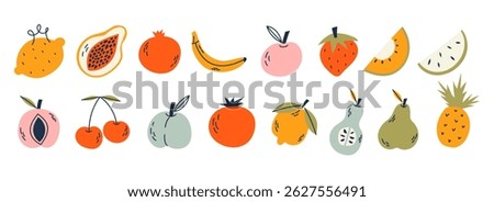 Fruit collection in flat hand drawn style, illustrations set. Tropical fruit and graphic design elements. Ingredients color cliparts. Sketch style smoothie or juice ingredients.