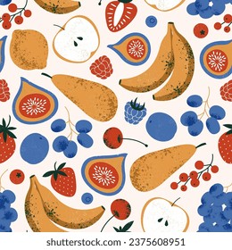 Fruit collection. Fresh fruit seamless pattern. Banana with pear and apple with grape and berries. 