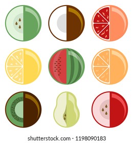Fruit collection. Set of nine different species. Special style. Vector illustration on white background