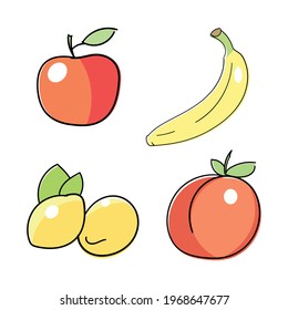 Fruit Collection Set. Vector Illustration. Doodle, comic, hand drawn. Apple, banana, lemon, peach.