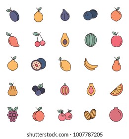 Fruit color cartoon icons set. Vector illustration of fruits and berryes in cartoon stile. Object for advertising and web