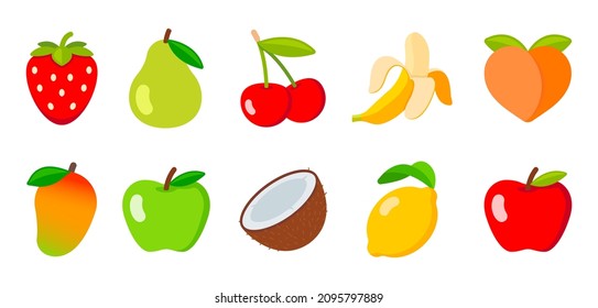 Fruit Color Icon Set. Vector Fruit Emoji Illustration Collection