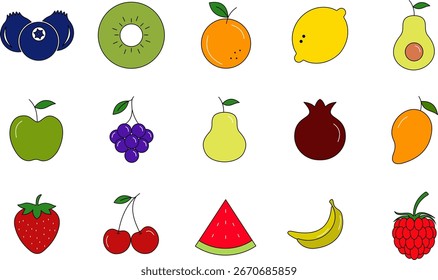 Conjunto de iconos de color de fruta, trazo editable aislado sobre fondo blanco