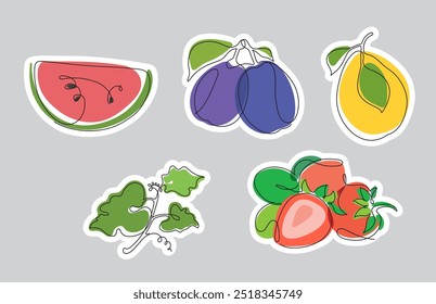 Fruit color mini vector sticker set in minimalist technique