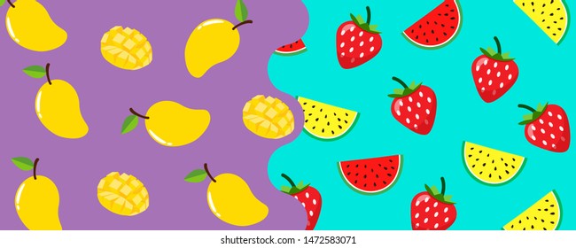 Fruit colorful background. With Strawberry, mango, watermelon on purple and blue background vector illustration.