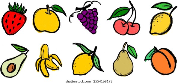 Fruit Colorful Drawing Icons Crayon Chalk Vector Set