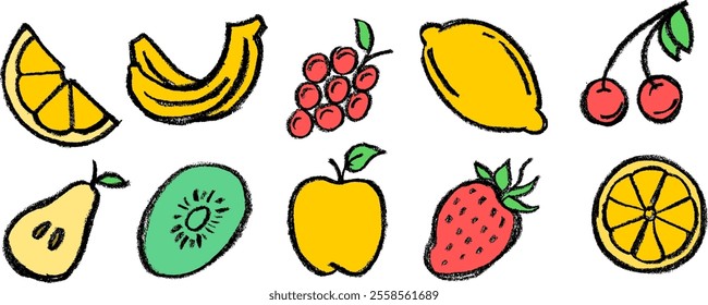 Fruit Colorful Drawing Icons Crayon Chalk Vector Set