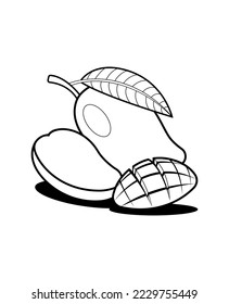 Fruit Coloring Book, Children Coloring Book, Mango Coloring Book With Mango Slices, Mango black and white sketch Vector Illustration