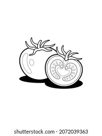 Libro de coloreado de frutas, libro de coloreado de tomate, libro de coloreado de tomate con rodajas de tomate, esbozo de tomate negro y blanco, ilustración vectorial