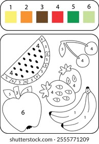 Fruit coloring page. Coloring by numbers for kids pineapple, apple, orange, watermelon